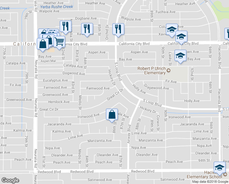 map of restaurants, bars, coffee shops, grocery stores, and more near 8649 Great Circle Drive in California City