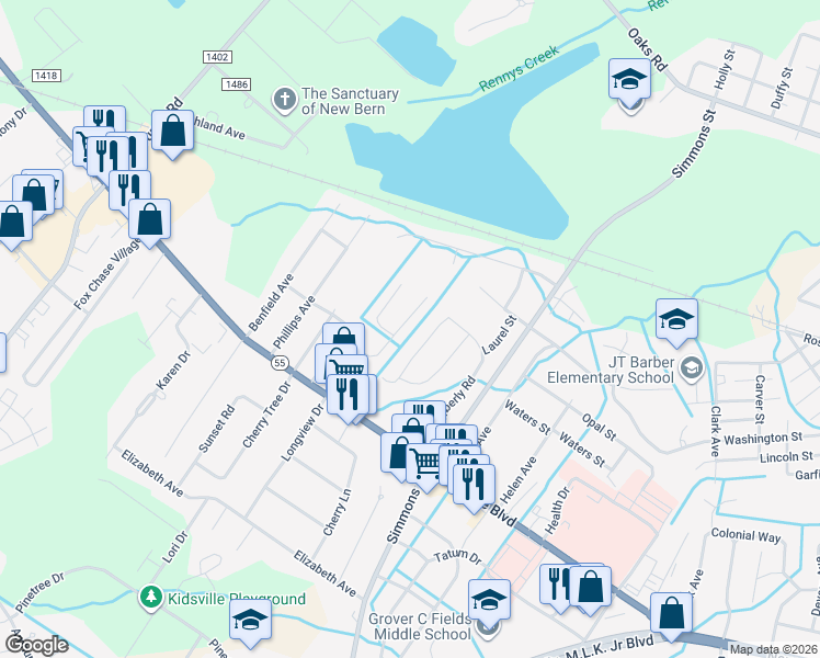 map of restaurants, bars, coffee shops, grocery stores, and more near 130 Meadowview Drive in New Bern