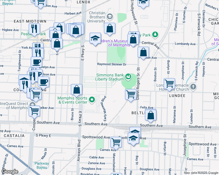 map of restaurants, bars, coffee shops, grocery stores, and more near 446 Early Maxwell Boulevard in Memphis