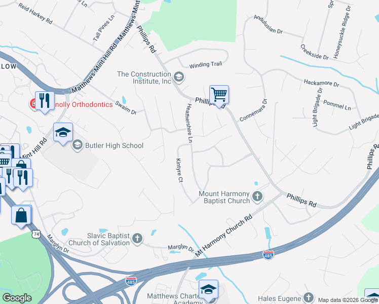 map of restaurants, bars, coffee shops, grocery stores, and more near in Matthews