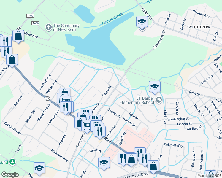 map of restaurants, bars, coffee shops, grocery stores, and more near 2401 Dogwood Drive in New Bern