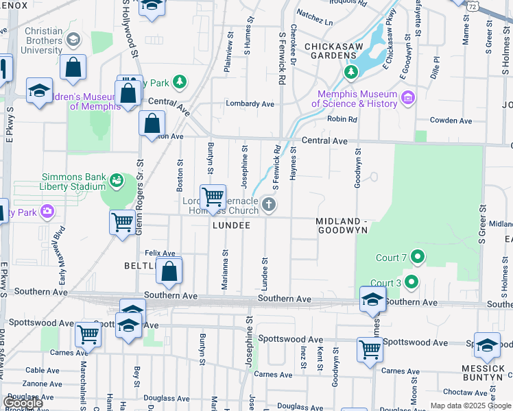 map of restaurants, bars, coffee shops, grocery stores, and more near 415 South Fenwick Road in Memphis