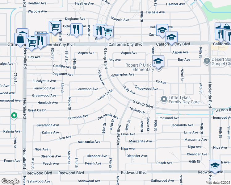map of restaurants, bars, coffee shops, grocery stores, and more near 8710 South Loop Boulevard in California City
