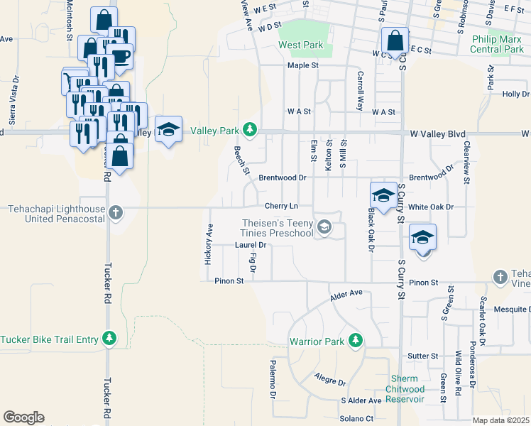map of restaurants, bars, coffee shops, grocery stores, and more near 630 Cherry Lane in Tehachapi