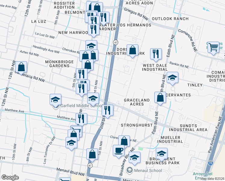map of restaurants, bars, coffee shops, grocery stores, and more near 3822 2nd Street Northwest in Albuquerque