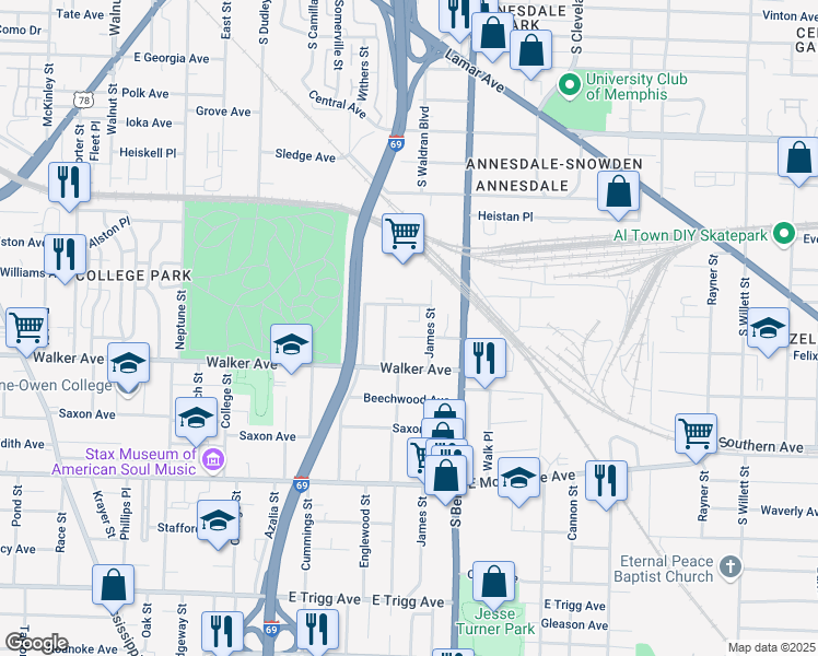 map of restaurants, bars, coffee shops, grocery stores, and more near 1135 Ryder Avenue in Memphis