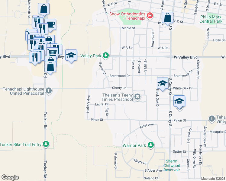 map of restaurants, bars, coffee shops, grocery stores, and more near 630 Cherry Lane in Tehachapi
