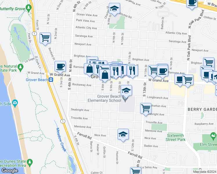 map of restaurants, bars, coffee shops, grocery stores, and more near 870 Rockaway Avenue in Grover Beach