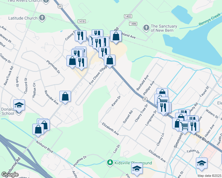 map of restaurants, bars, coffee shops, grocery stores, and more near 1025 Karen Drive in New Bern
