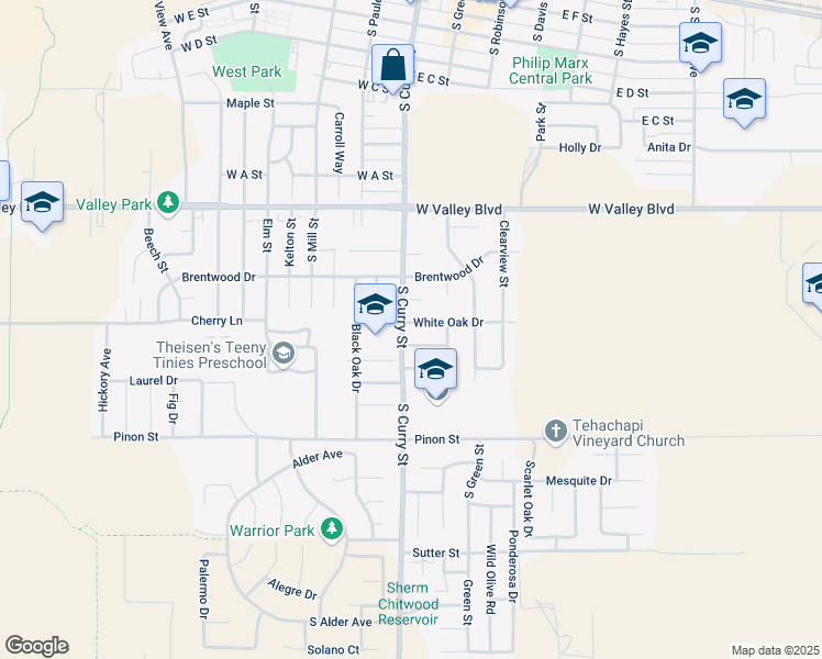 map of restaurants, bars, coffee shops, grocery stores, and more near 101 White Oak Drive in Tehachapi