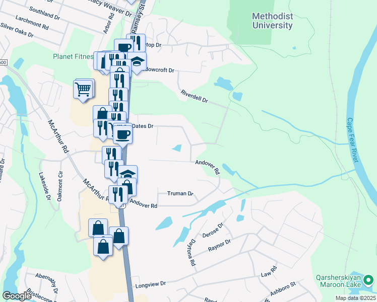 map of restaurants, bars, coffee shops, grocery stores, and more near 484 Oates Drive in Fayetteville