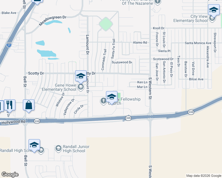 map of restaurants, bars, coffee shops, grocery stores, and more near 4701 Scotty Drive in Amarillo