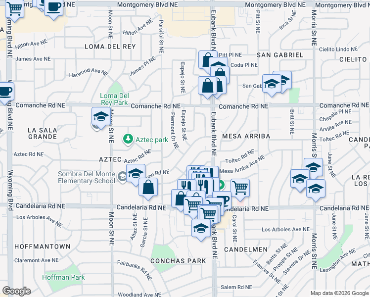 map of restaurants, bars, coffee shops, grocery stores, and more near 3413 Espejo Street Northeast in Albuquerque