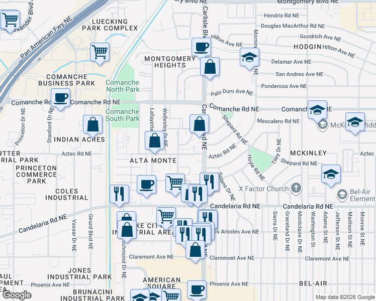 map of restaurants, bars, coffee shops, grocery stores, and more near 3524 Tyson Place Northeast in Albuquerque