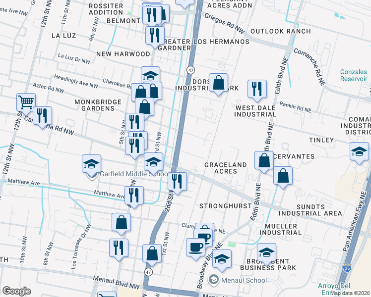 map of restaurants, bars, coffee shops, grocery stores, and more near 3822 2nd Street Northwest in Albuquerque