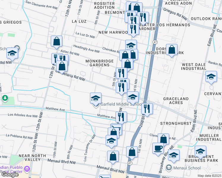 map of restaurants, bars, coffee shops, grocery stores, and more near 513 Candelaria Road Northwest in Albuquerque