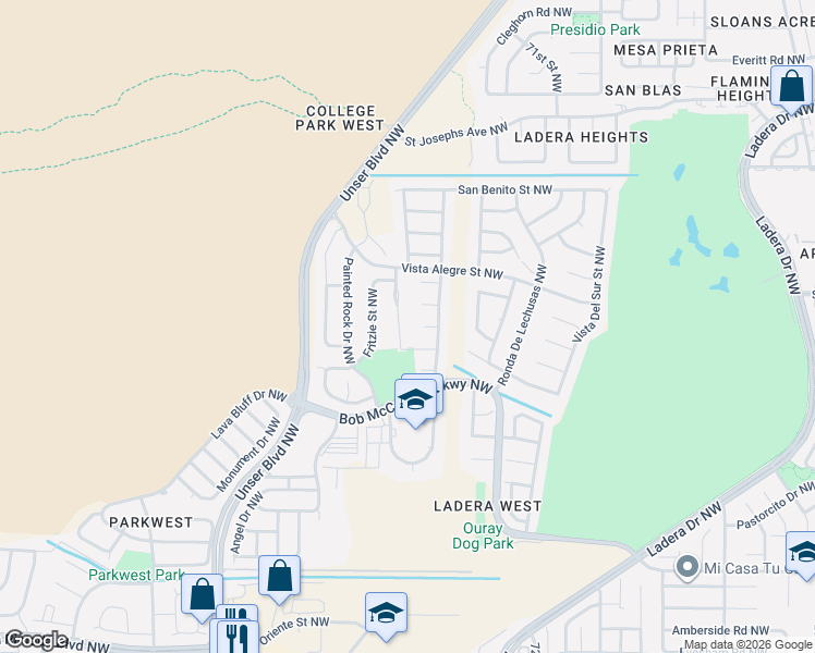 map of restaurants, bars, coffee shops, grocery stores, and more near 7718 Santa Isabel Court Northwest in Albuquerque