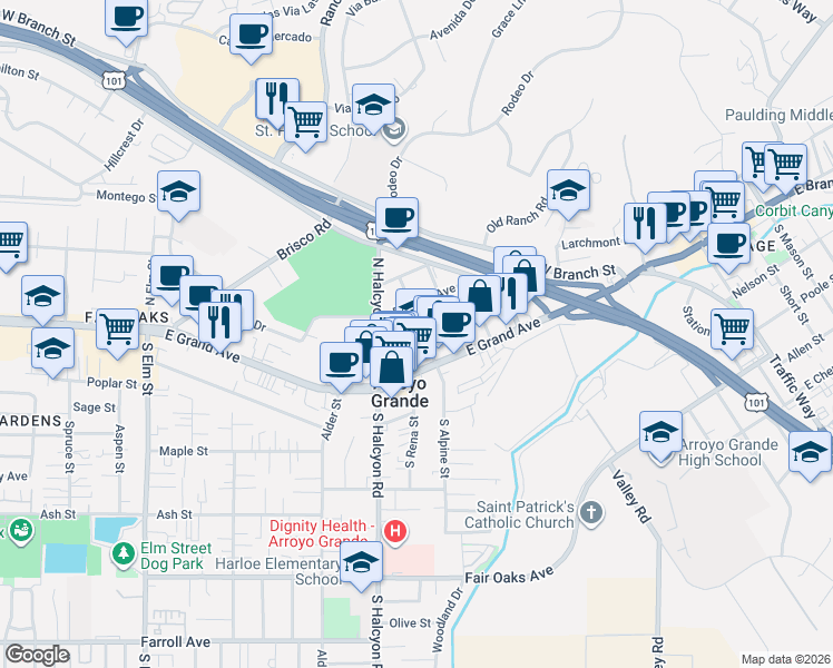 map of restaurants, bars, coffee shops, grocery stores, and more near 616 Cornwall Avenue in Arroyo Grande