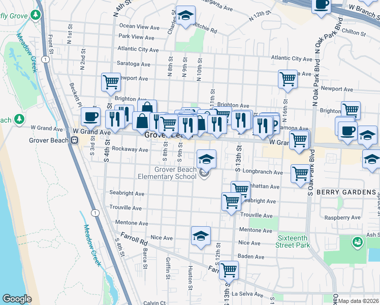 map of restaurants, bars, coffee shops, grocery stores, and more near 126 South 10th Street in Grover Beach