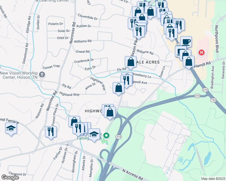 map of restaurants, bars, coffee shops, grocery stores, and more near 4519 Hixson Pike in Chattanooga