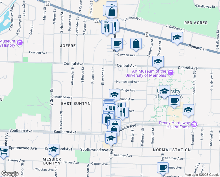 map of restaurants, bars, coffee shops, grocery stores, and more near 385 South Highland Street in Memphis
