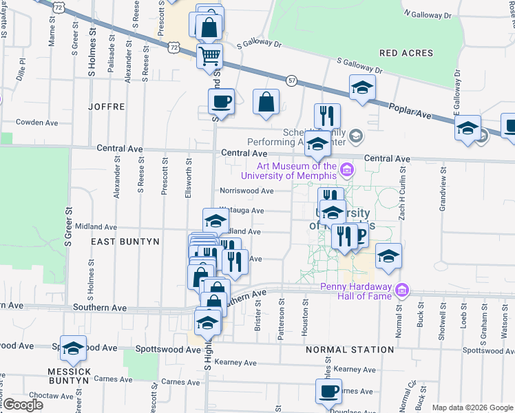 map of restaurants, bars, coffee shops, grocery stores, and more near 3573-3593 Norriswood Avenue in Memphis