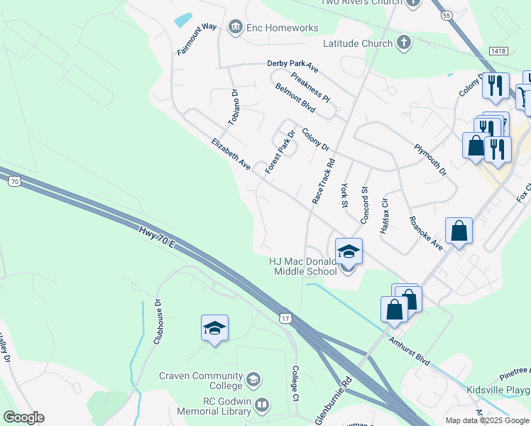 map of restaurants, bars, coffee shops, grocery stores, and more near 205 Forest Park Drive in New Bern