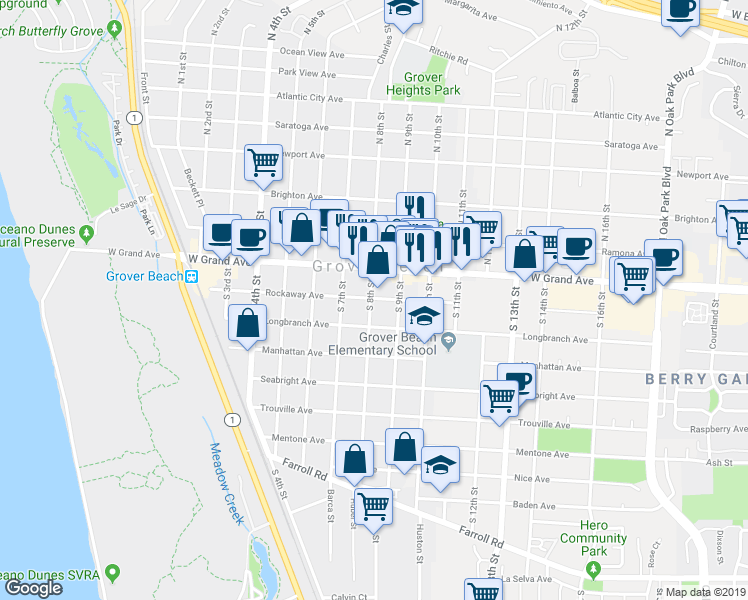 map of restaurants, bars, coffee shops, grocery stores, and more near 804 Rockaway Avenue in Grover Beach