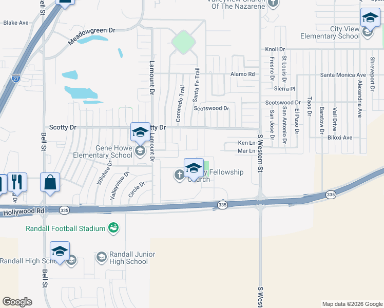 map of restaurants, bars, coffee shops, grocery stores, and more near 4701 Scotty Drive in Amarillo