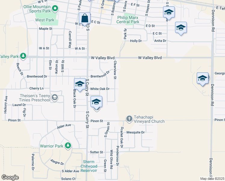 map of restaurants, bars, coffee shops, grocery stores, and more near 1001 Clearview Street in Tehachapi