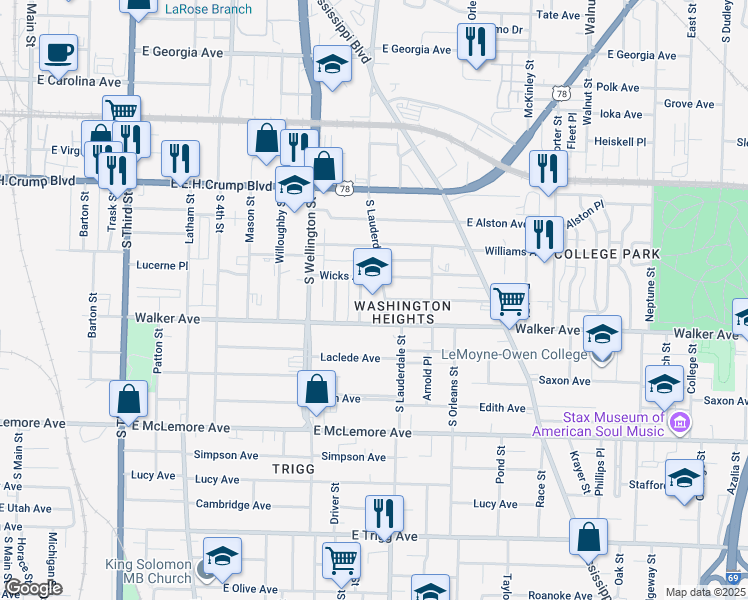 map of restaurants, bars, coffee shops, grocery stores, and more near 995 South Lauderdale Street in Memphis