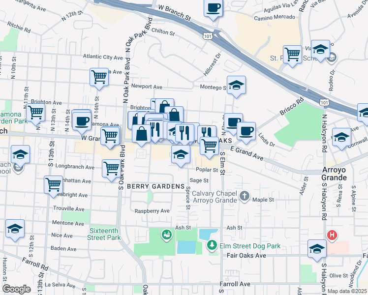 map of restaurants, bars, coffee shops, grocery stores, and more near 1350 East Grand Avenue in Arroyo Grande