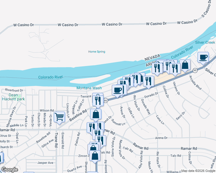 map of restaurants, bars, coffee shops, grocery stores, and more near 1453 Riverfront Drive in Bullhead City
