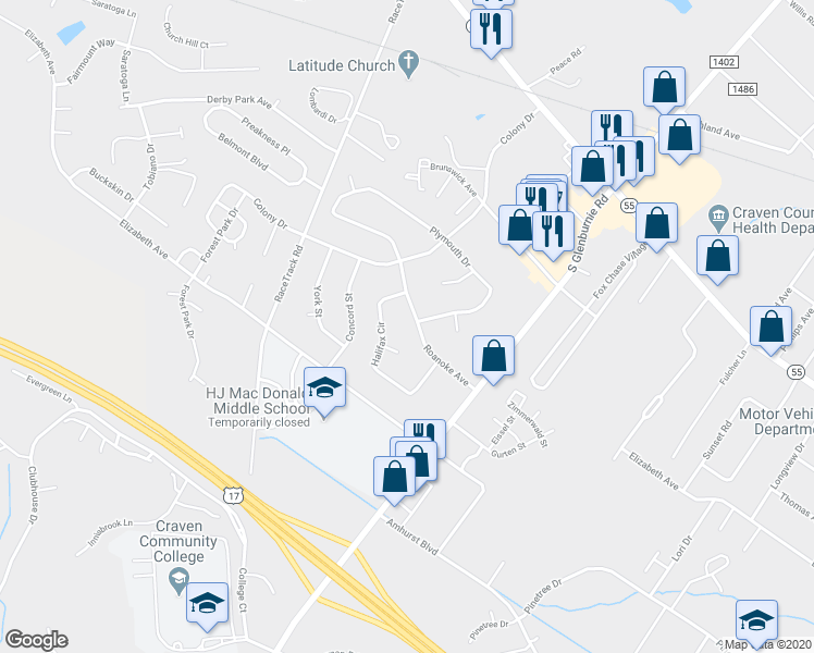 map of restaurants, bars, coffee shops, grocery stores, and more near 2913 Roanoke Avenue in New Bern