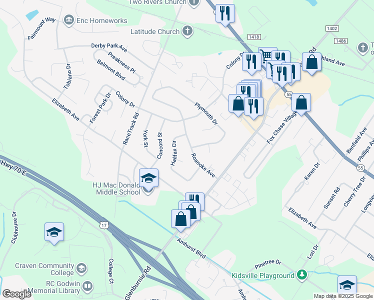 map of restaurants, bars, coffee shops, grocery stores, and more near 2913 Roanoke Avenue in New Bern
