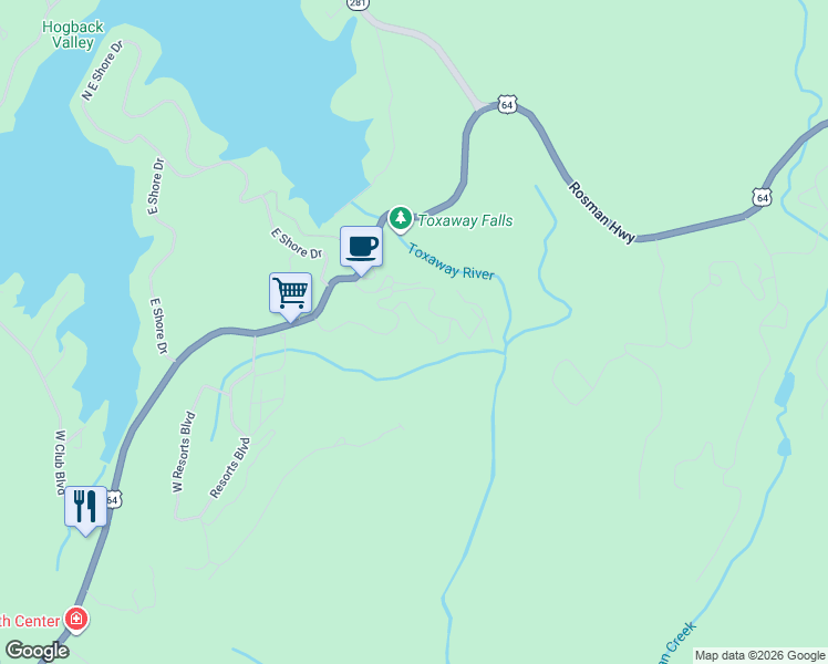 map of restaurants, bars, coffee shops, grocery stores, and more near 2089 Slick Fisher Road in Lake Toxaway
