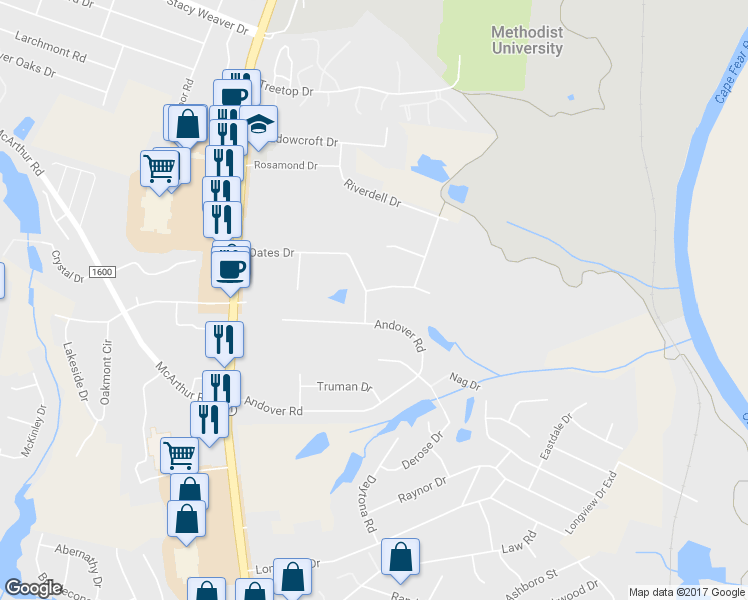 map of restaurants, bars, coffee shops, grocery stores, and more near 400 Newburgh Drive in Fayetteville