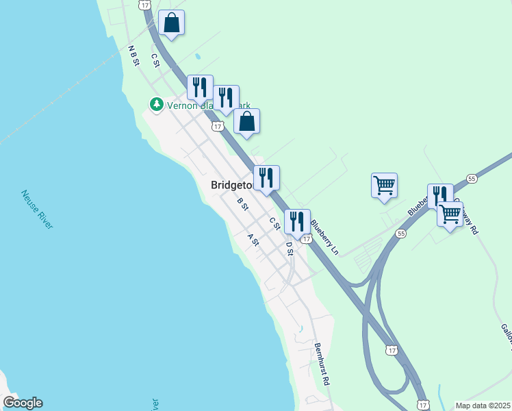 map of restaurants, bars, coffee shops, grocery stores, and more near 507 U.S. 17 in New Bern