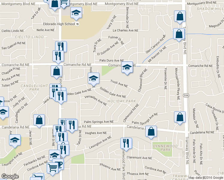 map of restaurants, bars, coffee shops, grocery stores, and more near 3405 Mt Everest Ave NE in Albuquerque