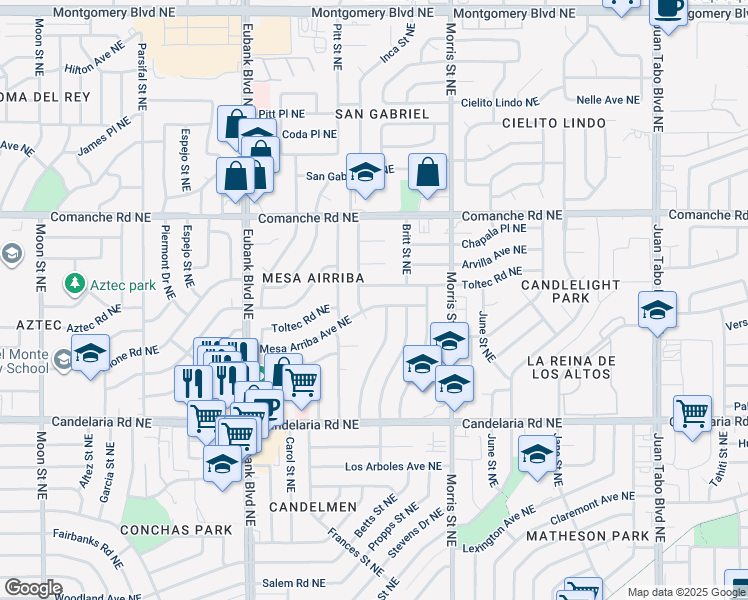 map of restaurants, bars, coffee shops, grocery stores, and more near 3421 Inca Street Northeast in Albuquerque
