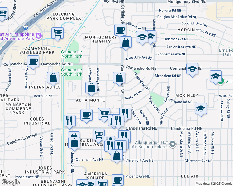 map of restaurants, bars, coffee shops, grocery stores, and more near 3524 Tyson Place Northeast in Albuquerque