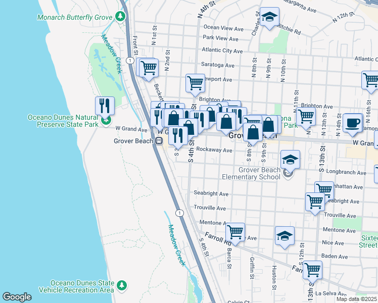 map of restaurants, bars, coffee shops, grocery stores, and more near 353 Rockaway Avenue in Grover Beach