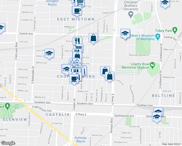 map of restaurants, bars, coffee shops, grocery stores, and more near 914 South Cox Street in Memphis