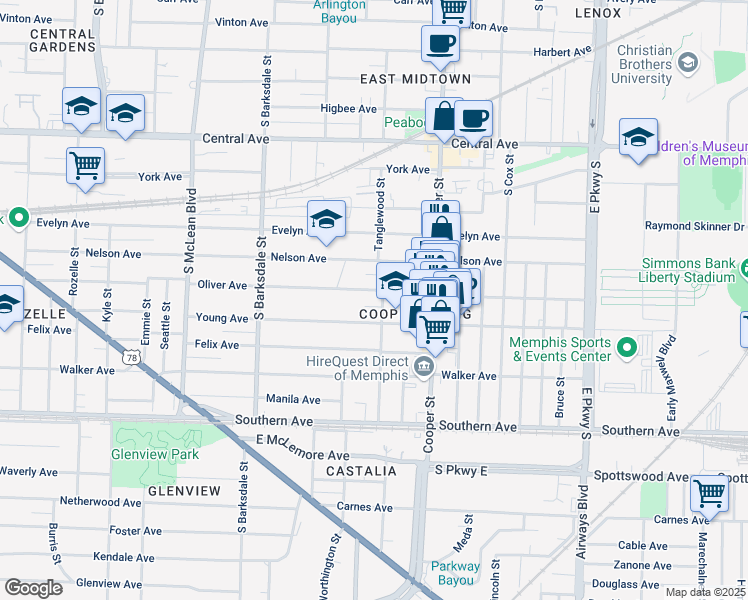 map of restaurants, bars, coffee shops, grocery stores, and more near 2046 Oliver Avenue in Memphis