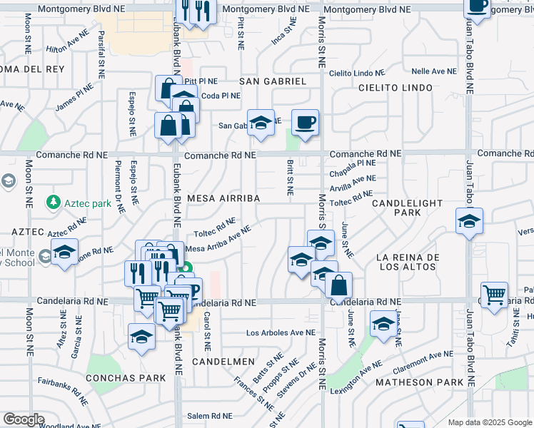 map of restaurants, bars, coffee shops, grocery stores, and more near 3421 Inca Street Northeast in Albuquerque