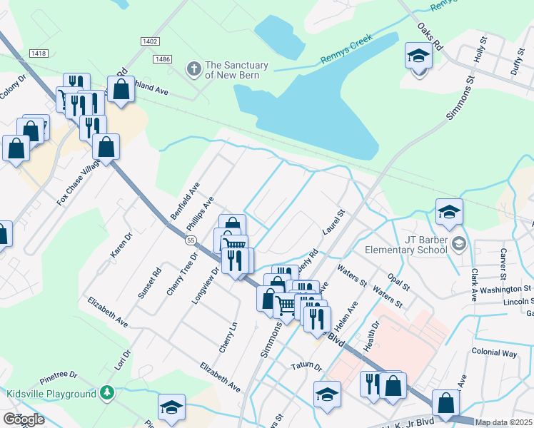 map of restaurants, bars, coffee shops, grocery stores, and more near 115 Meadowview Drive in New Bern