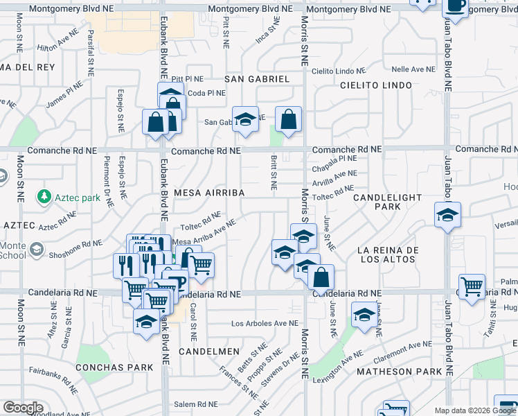 map of restaurants, bars, coffee shops, grocery stores, and more near 10125 Toltec Road Northeast in Albuquerque