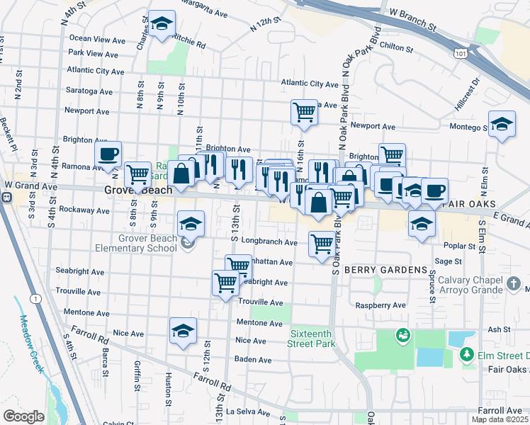 map of restaurants, bars, coffee shops, grocery stores, and more near 1410 West Grand Avenue in Grover Beach