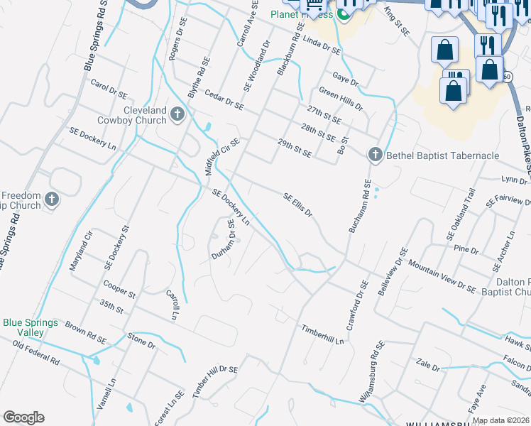 map of restaurants, bars, coffee shops, grocery stores, and more near 949 Southeast Dockery Lane in Cleveland