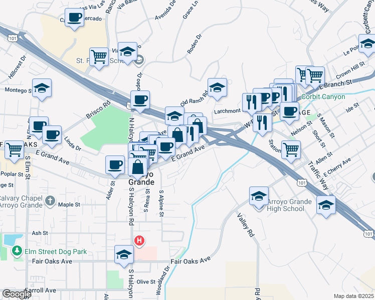 map of restaurants, bars, coffee shops, grocery stores, and more near 414 East Grand Avenue in Arroyo Grande